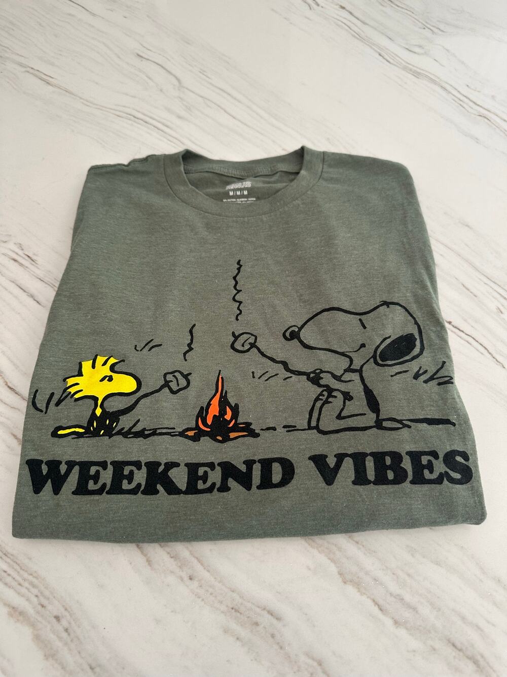 Peanuts Snoopy Woodstock Weekend Vibes Campfire Graphic T Shirt M Olive Green